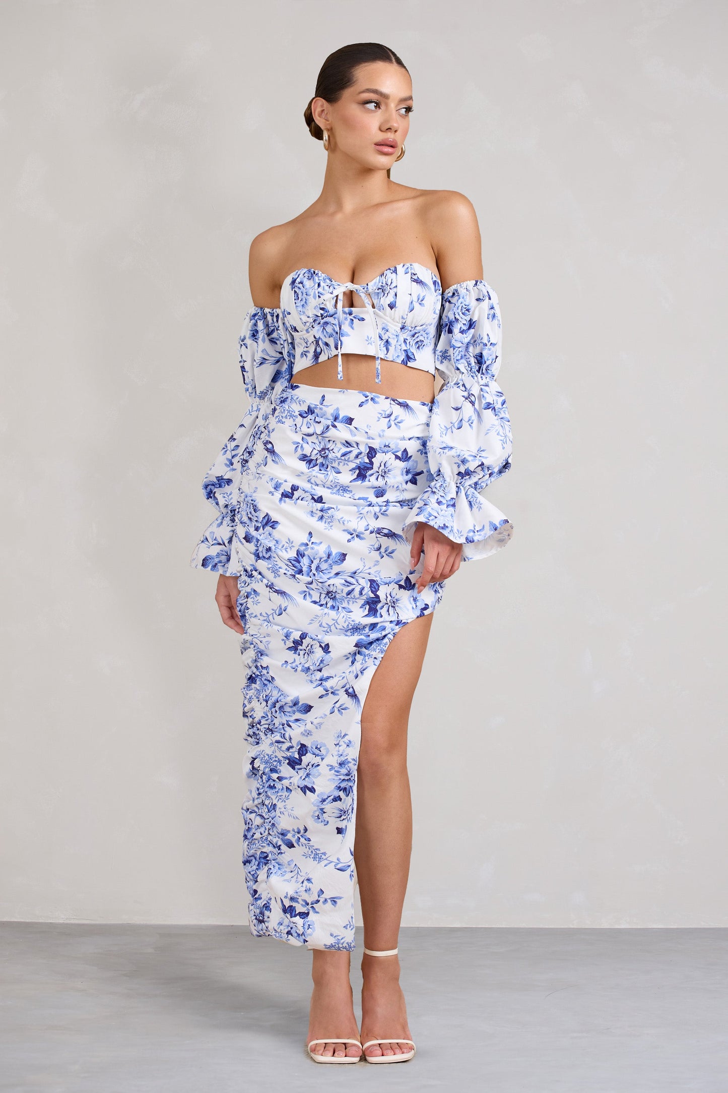 Holiday | Blue Floral Ruched Asymmetric Maxi Skirt