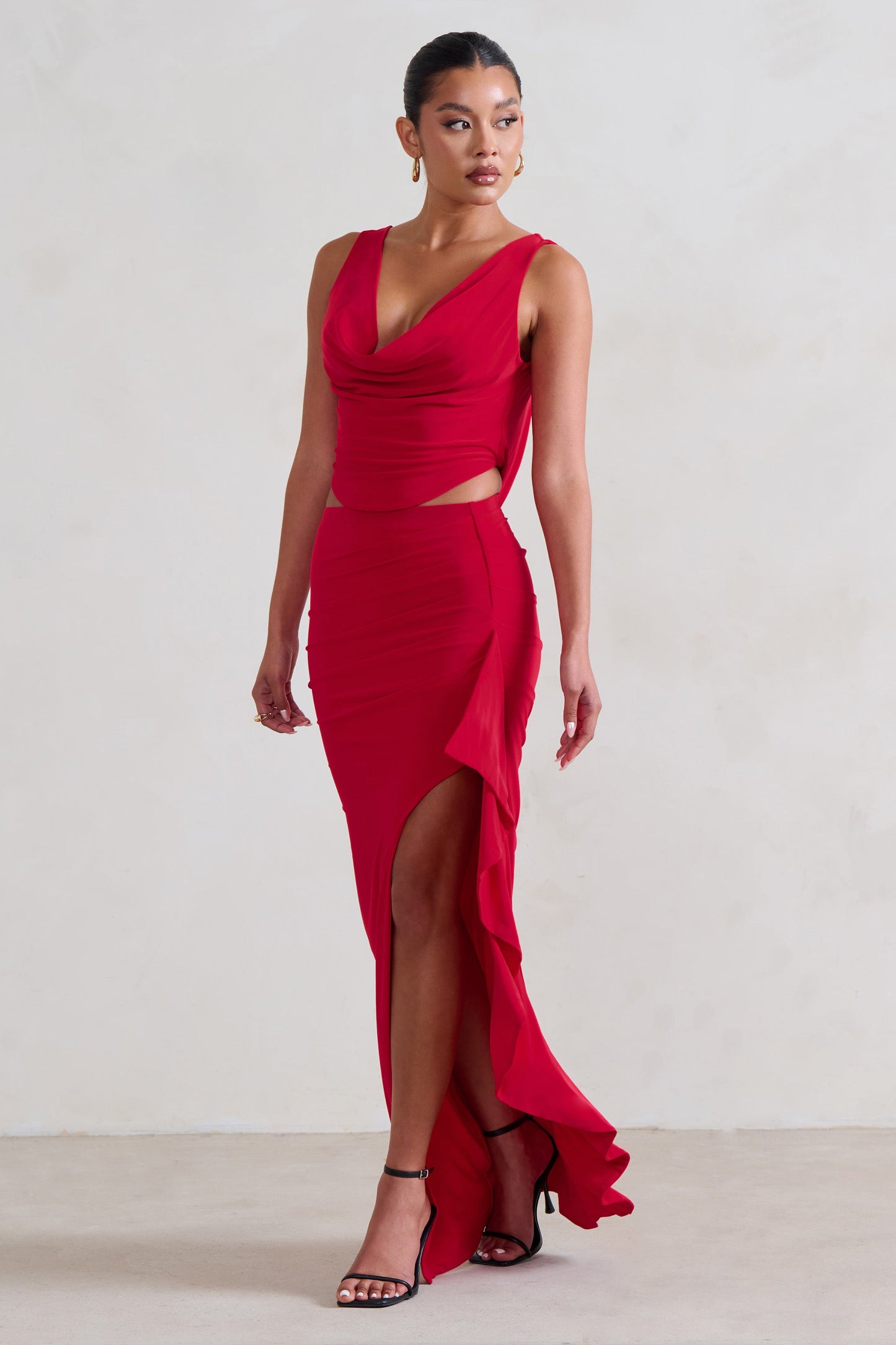 La Belle | Red Ruffle Maxi Skirt With Thigh Split