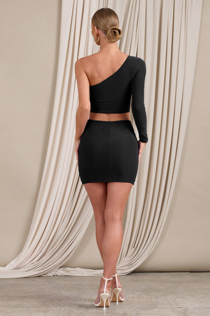 Step Out | Black Ruched Mini Skirt With Split