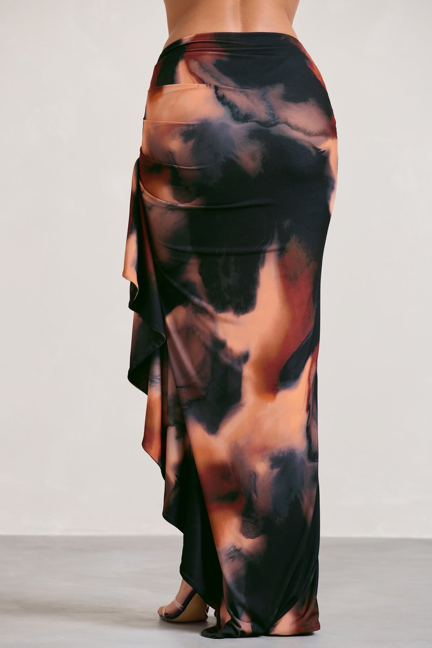 La Belle | Orange Smoke Print Ruffle Maxi Skirt With Thigh Split