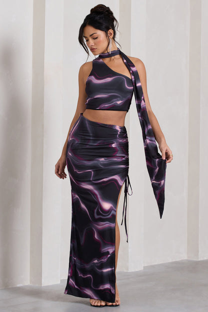 In The Air | Black Printed Ruched Asymmetric High-Waisted Maxi Skirt