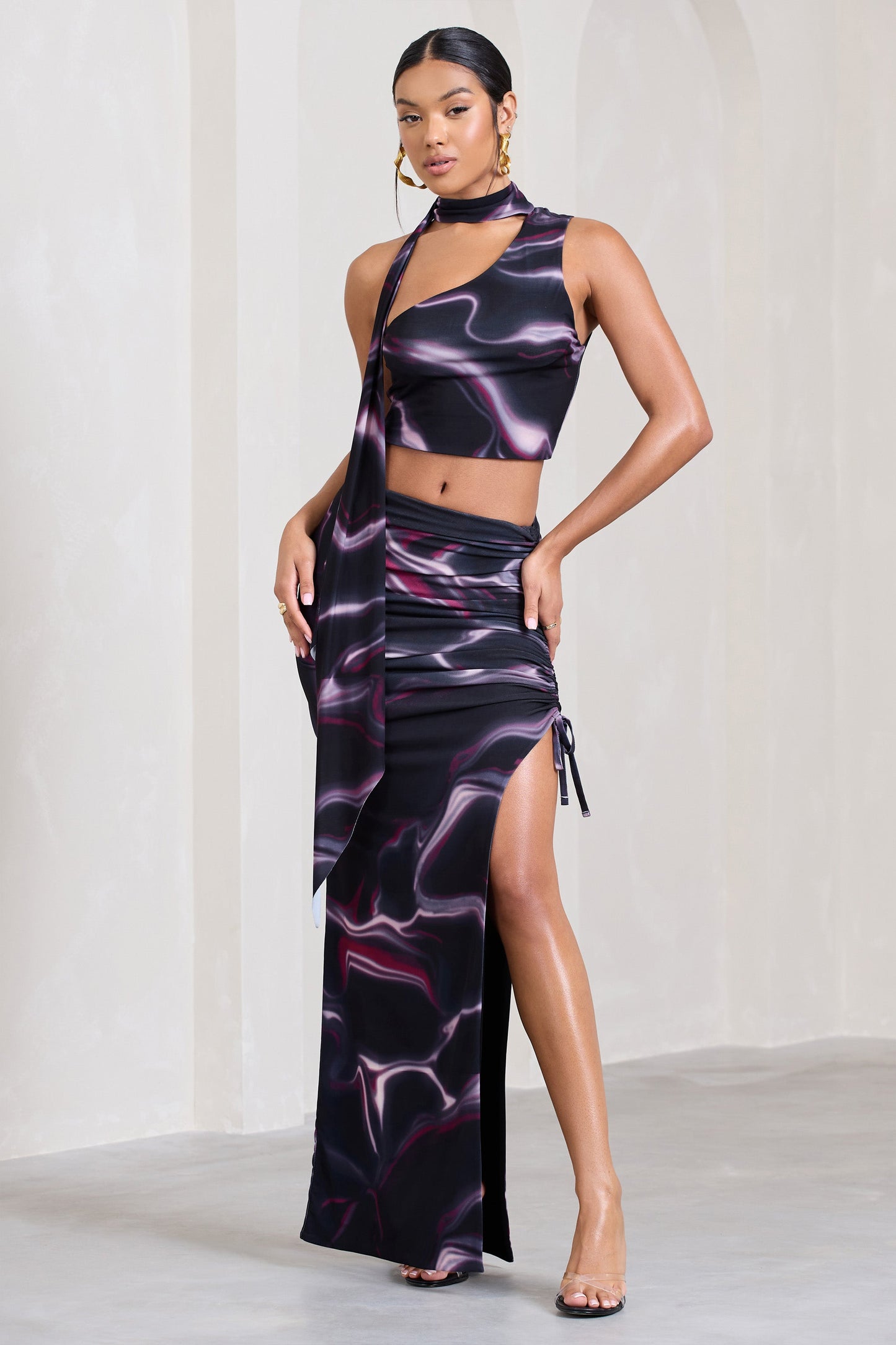 In The Air | Black Printed Ruched Asymmetric High-Waisted Maxi Skirt