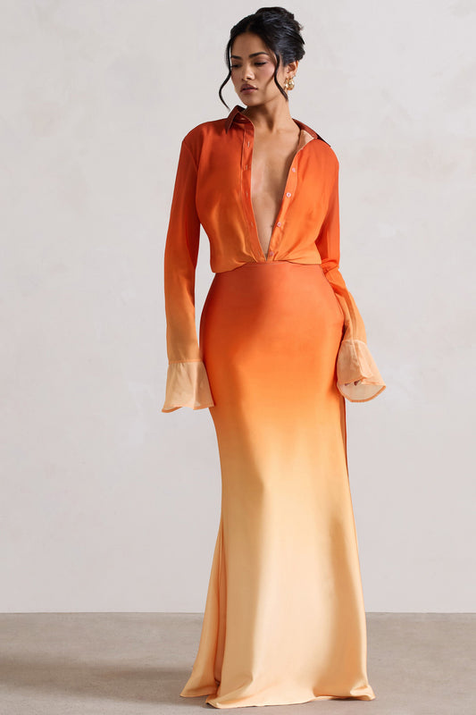 Serita | Orange Ombre Satin Split Maxi Skirt