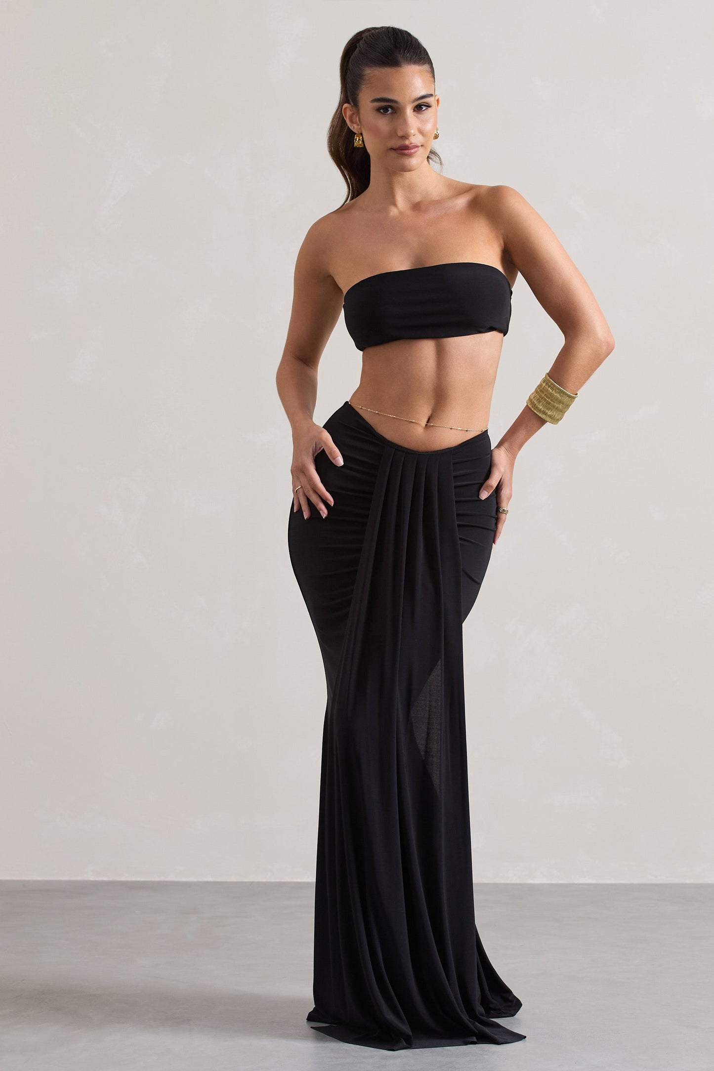 Vitality | Black Ruched Drape Maxi Skirt