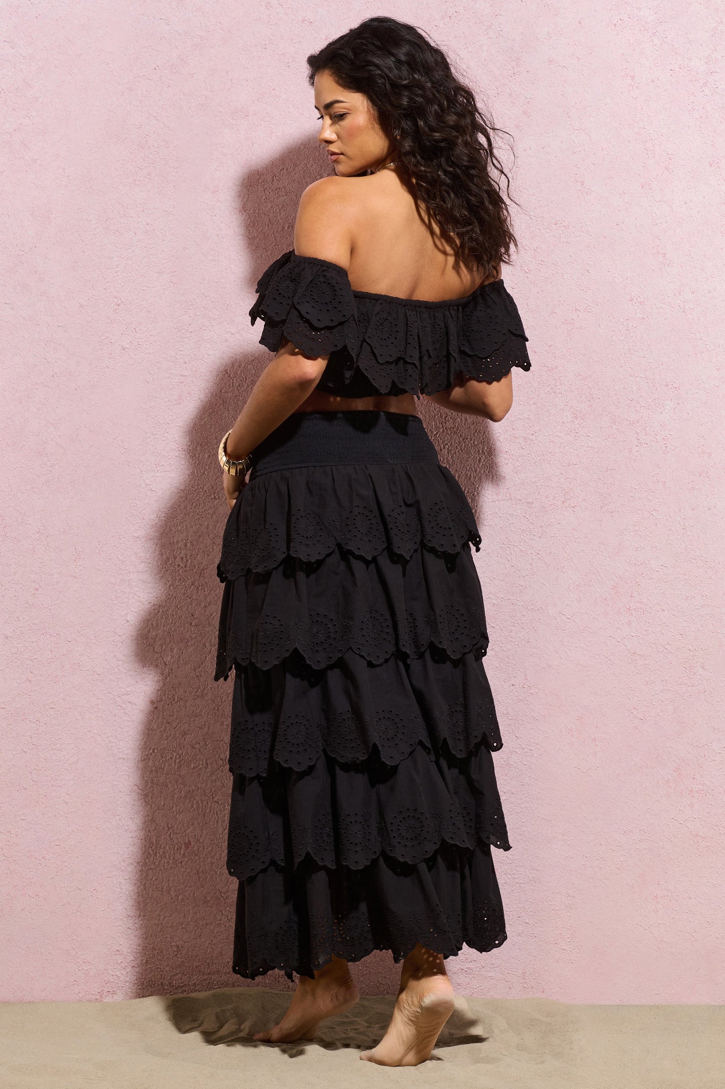 Vista | Black Broderie Ruffled Tiered Maxi Skirt