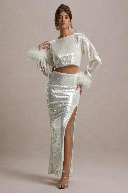 Raia | Sand Sequin Split Maxi Skirt