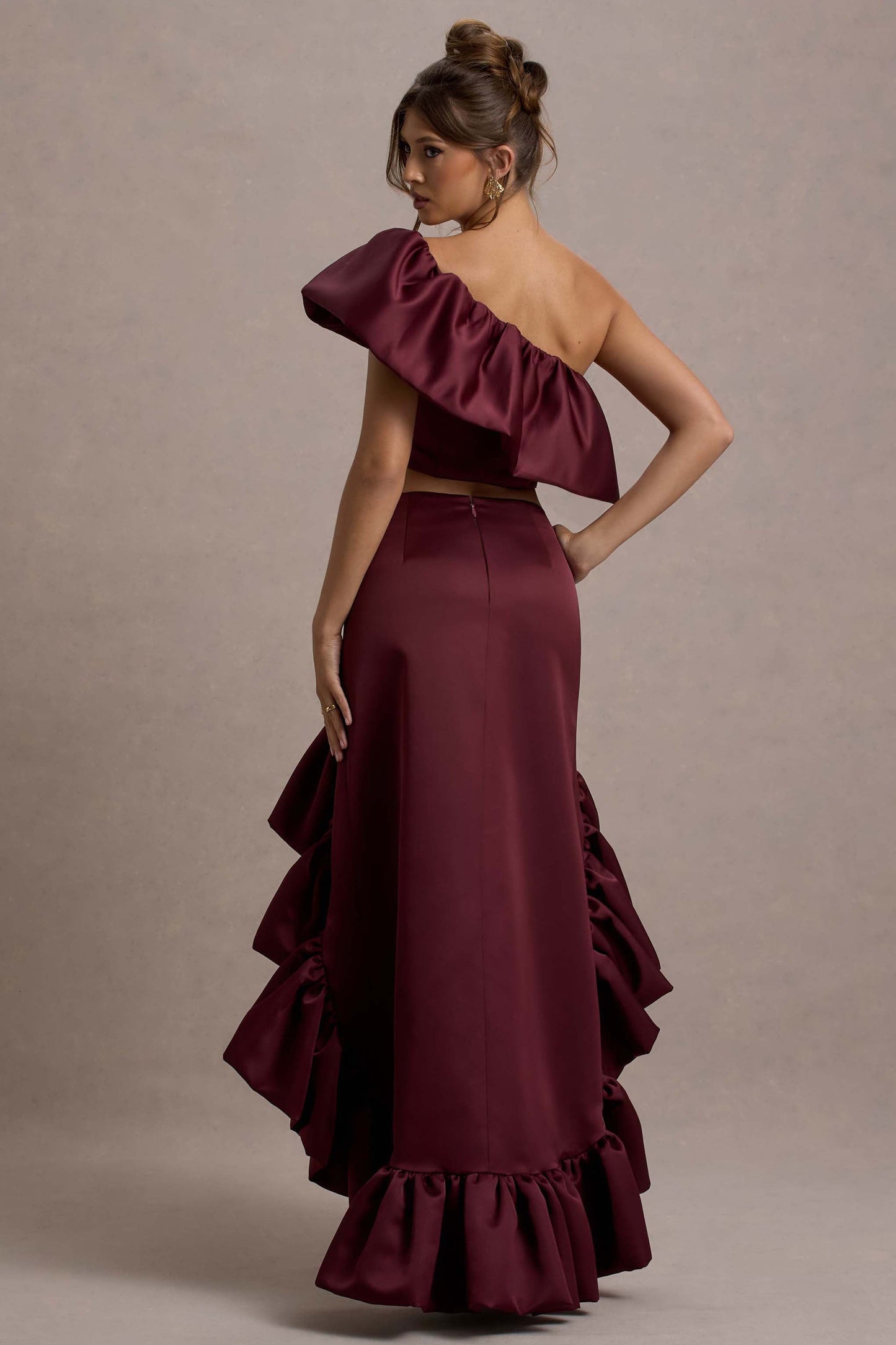 Ruby | Merlot Satin High-Low Maxi Skirt