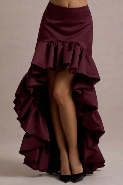 Ruby | Merlot Satin High-Low Maxi Skirt